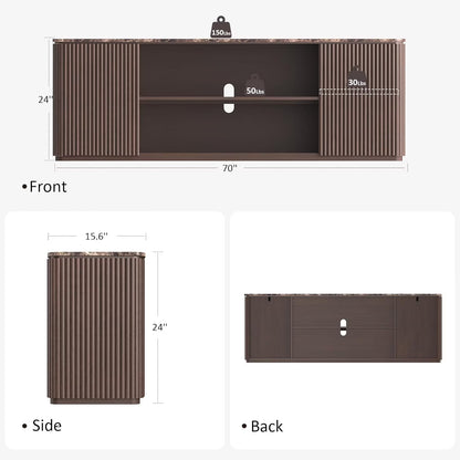 Hvoonc 70" Fluted TV Stand for 65-80" TVs, Faux Marble Top, Entertainment Center with Storage for Living Room, Walnut Brown