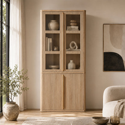 Hvoonc Set of 2 77" Tall Fluted Accent Storage Cabinet with Glass Doors and Shelves, Kitchen Pantry Cabinet Organizer, Natural Oak