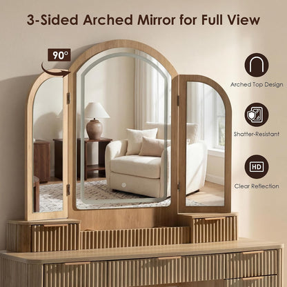 Hvoonc Vanity Desk with Trifold Mirrors and Lights, Fluted Makeup Vanity Table with 9 Drawers, Large Arched LED Mirror, Dressing Table with Storage for Bedroom, Natural Oak