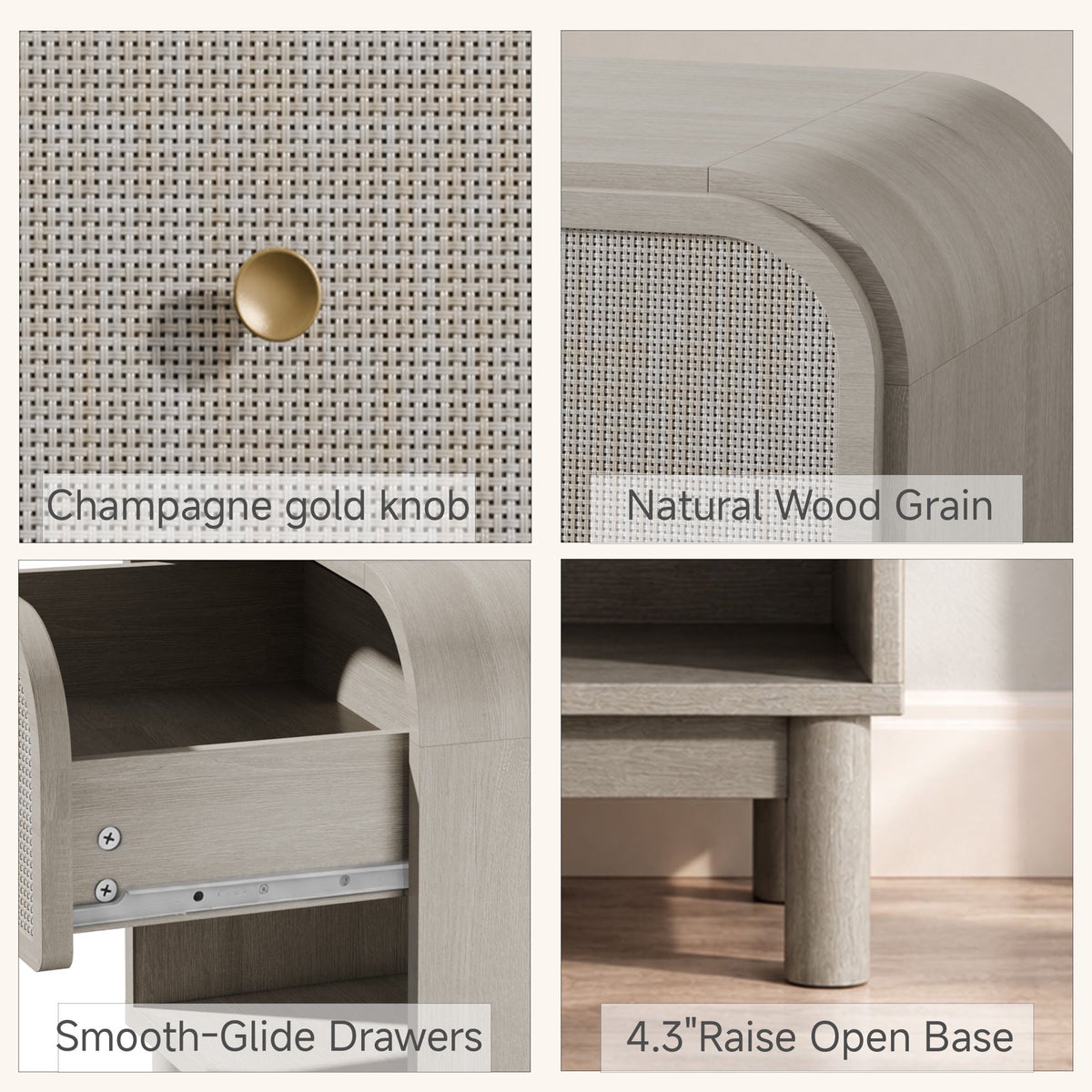 Hvoonc Rattan Nightstand with 2 Drawers, Large Rounded Corner Bedside Table with Storage, Modern End Table for Bedroom, Gray Oak Wood Finish