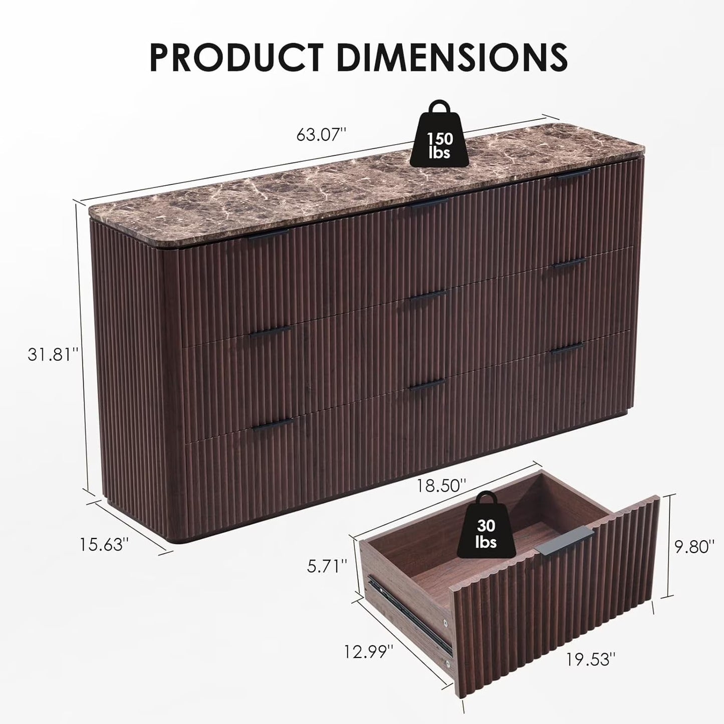Hvoonc 63" Wide 9 Drawer Large Dresser, FSC-certified Wood, Walnut Bedroom Storage Cabinet with Faux Marble Top