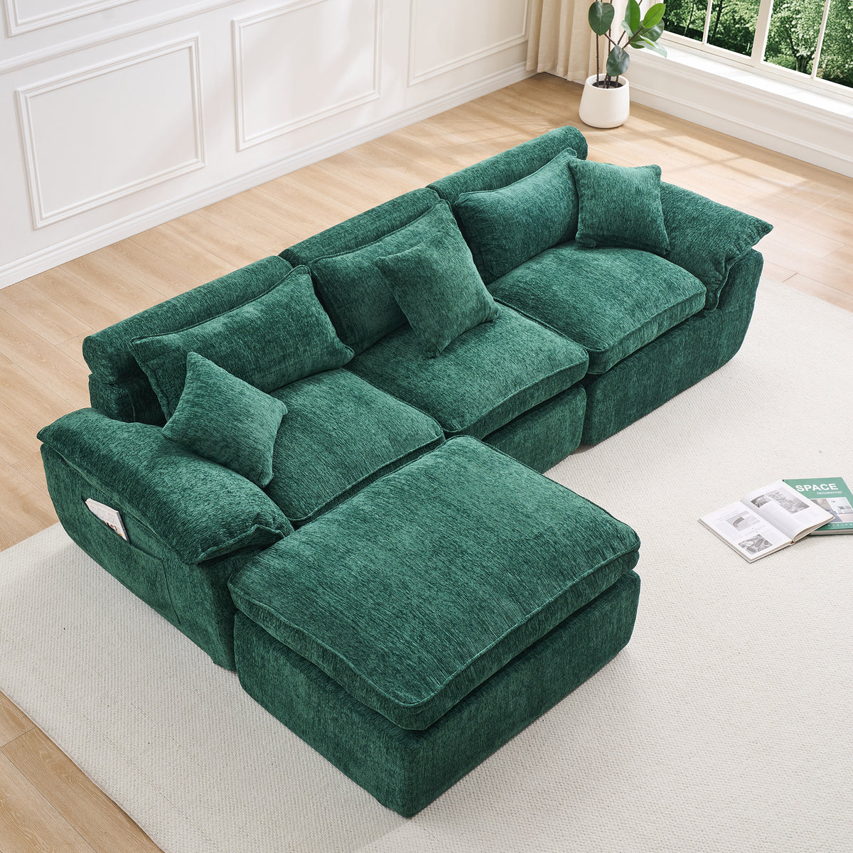 Hvoonc 110" Modular Sectional Sofa with Ottoman for Living Room, Boneless Cloud Chenille Couch in a Box with 23.6" Deep Seat, Dark Green