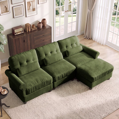 Hvoonc 98" Modular Sectional Sofa for Living Room, L Shaped Couch with Ottoman Chaise, Chenille Upholstery, Green