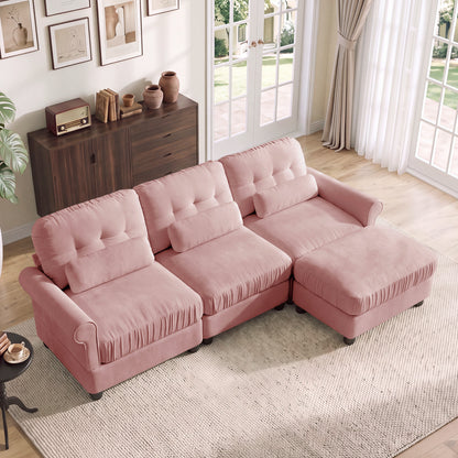 Hvoonc 98" Modular Sectional Sofa for Living Room, L Shaped Couch with Ottoman Chaise, Chenille Upholstery, Pink