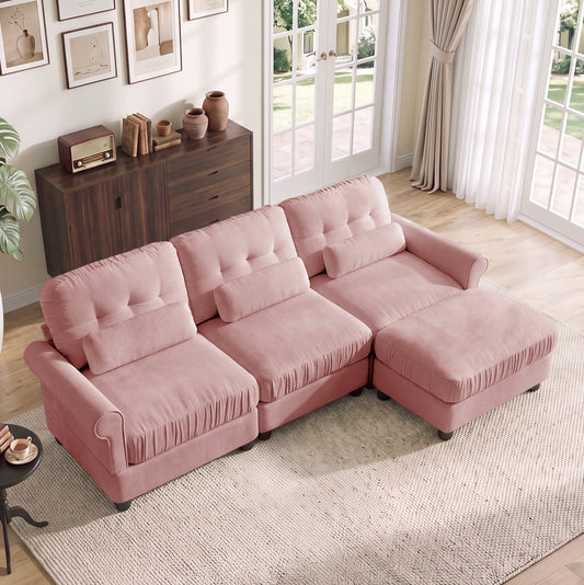 Hvoonc 98" Modular Sectional Sofa for Living Room, L Shaped Couch with Ottoman Chaise, Chenille Upholstery, Pink