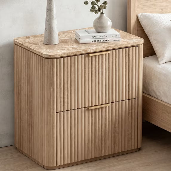 Hvoonc 2 Drawer Nightstand, 24" Tall Fluted Bedroom Bedside Table with Storage, Faux Marble Top, 2" Thick Side Panels, Natural Oak