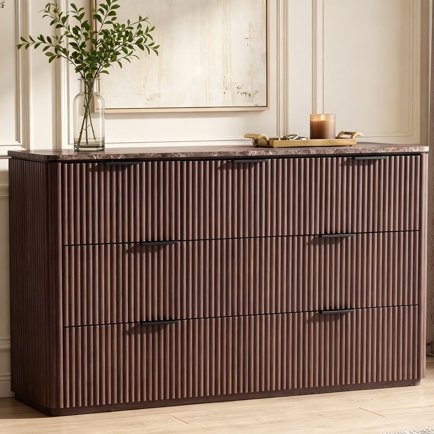 Hvoonc 54.5" Wide 7 Drawer Dresser for Bedroom, Faux Marble Top Storage Cabinet with 2" Thick Side Board, Walnut Brown