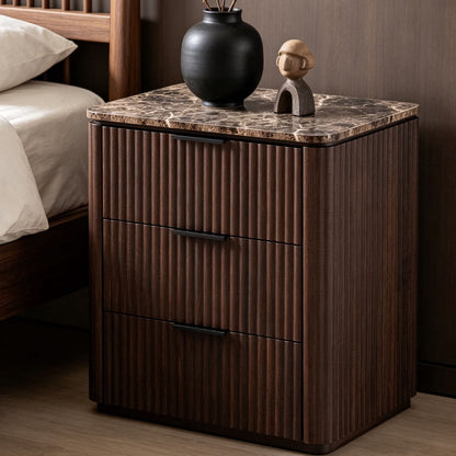 Hvoonc 3 Drawer Nightstands Set of 2, Fluted Bedside Tables with Faux Marble Top, Large Capacity Storage, Walnut Brown
