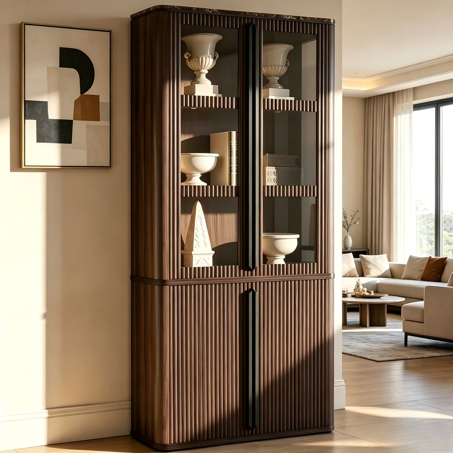 Hvoonc 77" Tall Fluted Accent Storage Cabinet with Glass Doors and Shelves, Kitchen Pantry Cabinet Organizer, Natural Oak