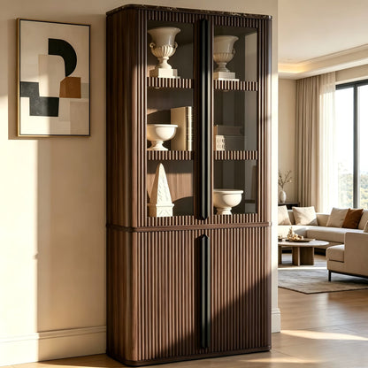 Hvoonc 77" Tall Fluted Accent Storage Cabinet with Glass Doors and Shelves, Kitchen Pantry Cabinet Organizer, Natural Oak