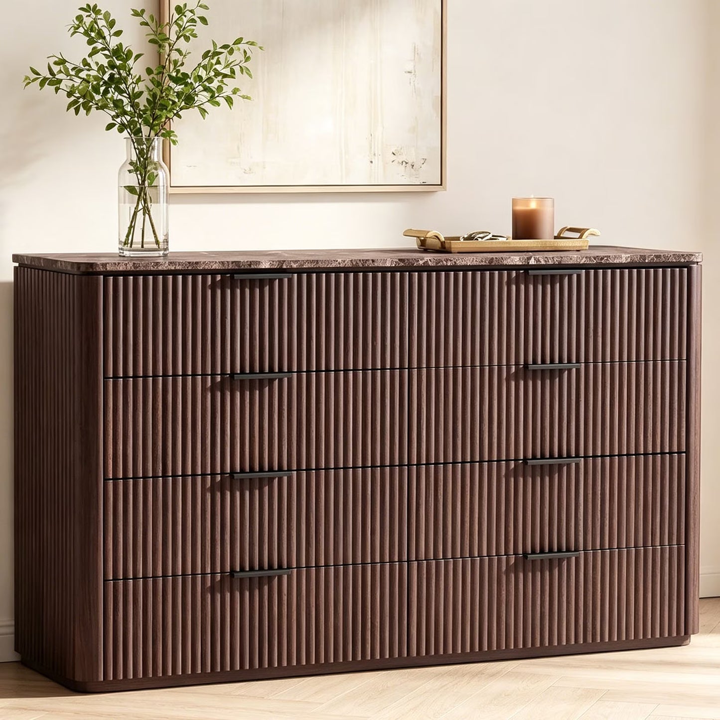 Hvoonc 8 Drawer Dresser with Faux Marble Top, 54.5" Wide Fluted Storage Cabinet for Bedroom, Walnut Brown