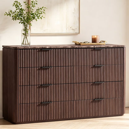 Hvoonc 8 Drawer Dresser with Faux Marble Top, 54.5" Wide Fluted Storage Cabinet for Bedroom, Walnut Brown