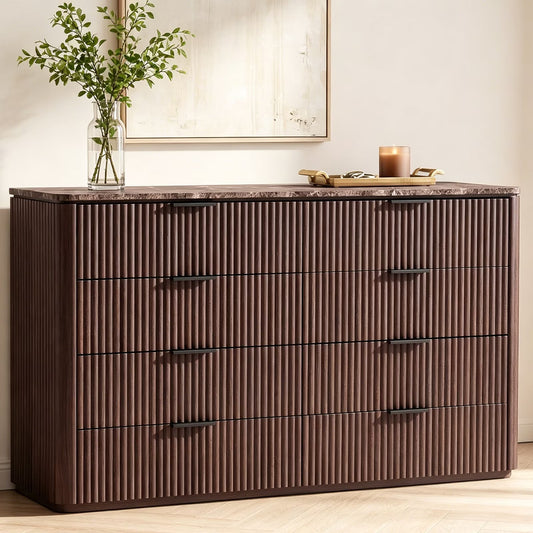 Hvoonc 8 Drawer Dresser with Faux Marble Top, 54.5" Wide Fluted Storage Cabinet for Bedroom, Walnut Brown