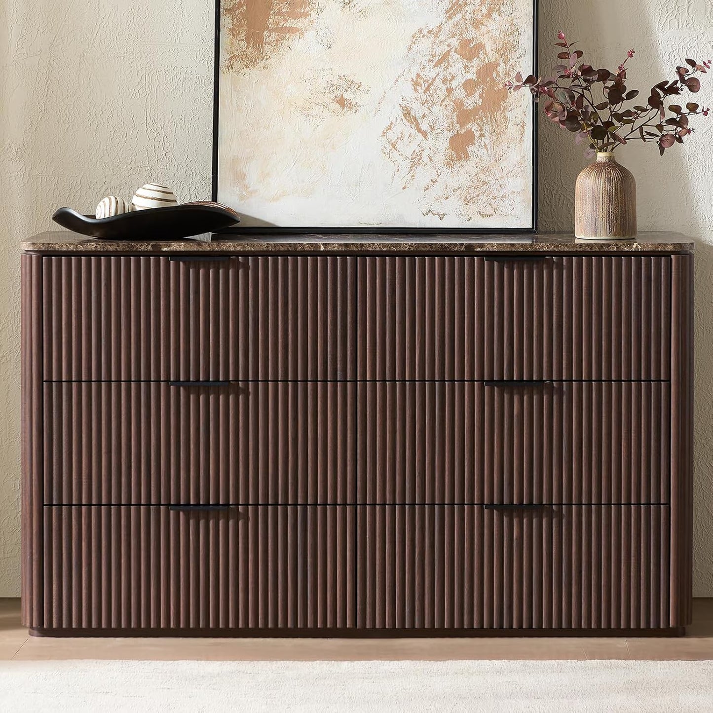 Hvoonc 54.5" Wide 6 Drawer Dresser for Bedroom with Faux Marble Top, Modern Curved-Corner Fluted Oak Storage Cabinet.  Walnut Brown