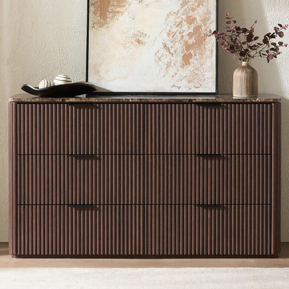 Hvoonc 54.5" Wide 6 Drawer Dresser for Bedroom with Faux Marble Top, Modern Curved-Corner Fluted Oak Storage Cabinet.  Walnut Brown