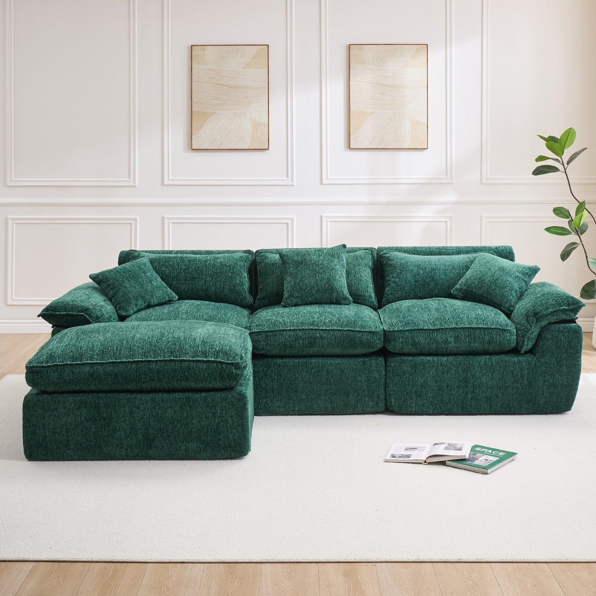 Hvoonc 110" Modular Sectional Sofa with Ottoman for Living Room, Boneless Cloud Chenille Couch in a Box with 23.6" Deep Seat, Dark Green