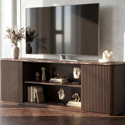 Hvoonc 70" Fluted TV Stand for 65-80" TVs, Faux Marble Top, Entertainment Center with Storage for Living Room, Walnut Brown