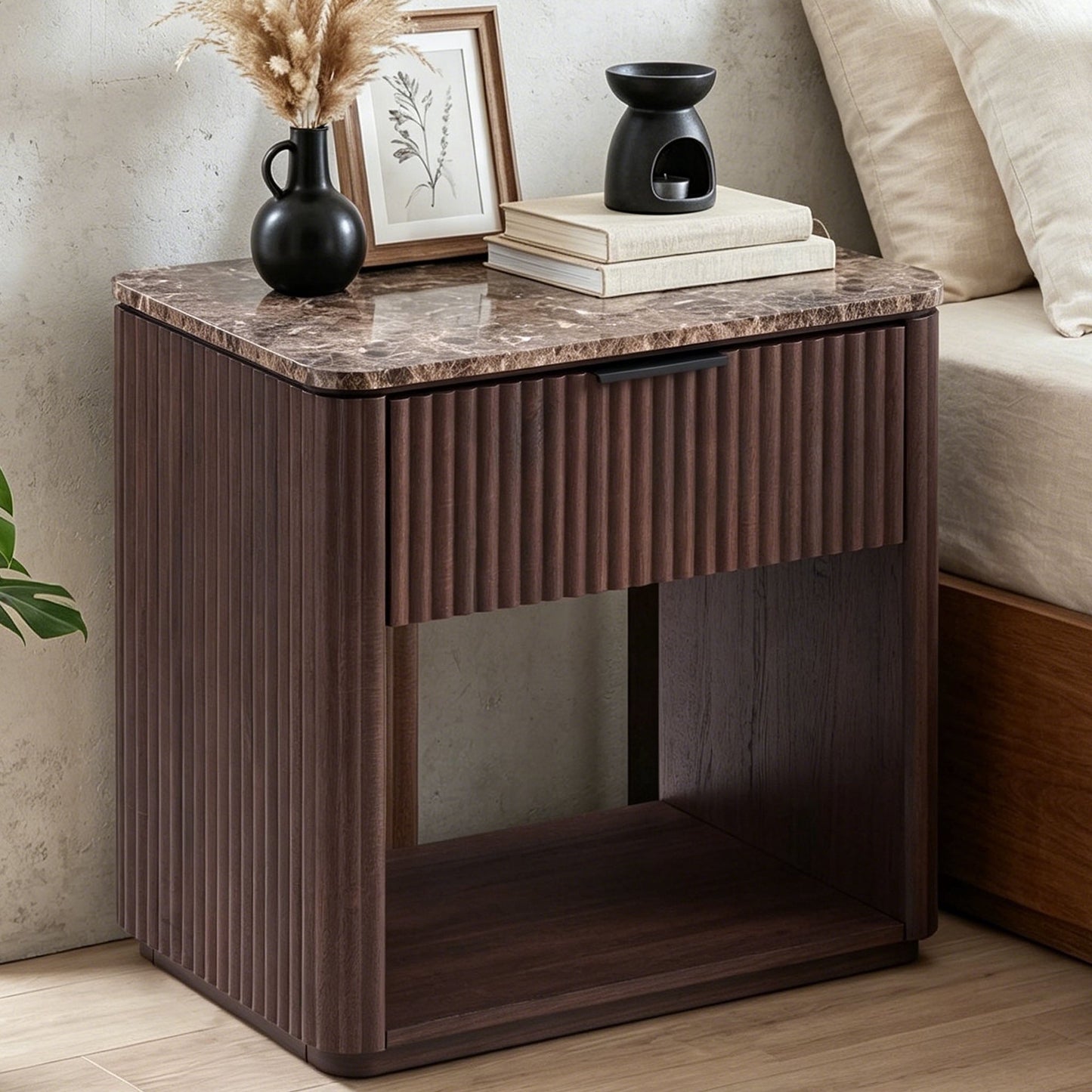 Hvoonc Fluted Nightstand with Drawer, Faux Marble Top, 24" Tall Modern End Table for Living Room, Rounded Corner Design, Walnut Brown