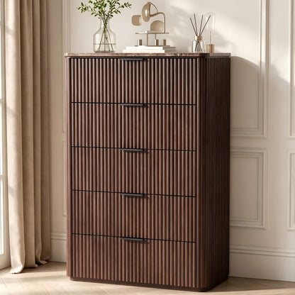 Hvoonc 5 Drawer Dressers for Bedroom, 46" Tall Chest of Drawers with Faux Marble Top for Living Room Storage, Walnut Brown