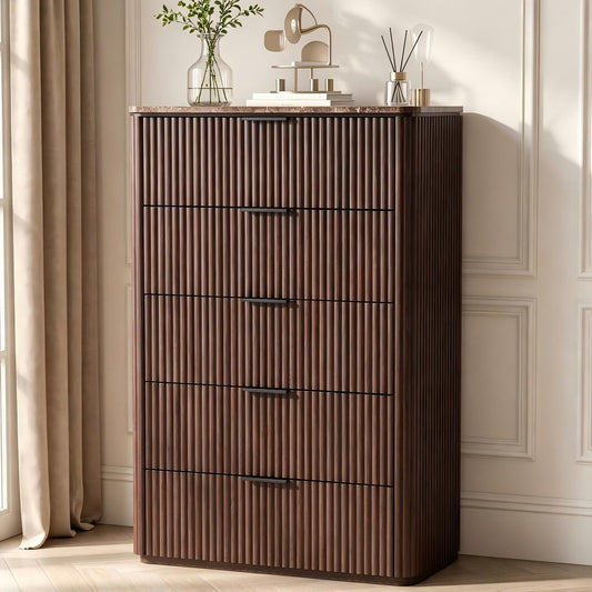 Hvoonc 5 Drawer Dressers for Bedroom, 46" Tall Chest of Drawers with Faux Marble Top for Living Room Storage, Walnut Brown