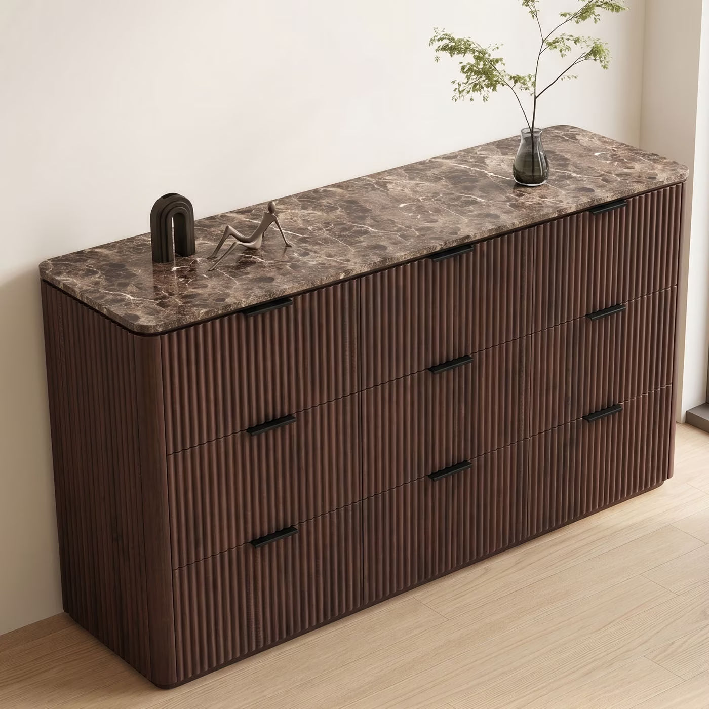 Hvoonc 63" Wide 9 Drawer Large Dresser, FSC-certified Wood, Walnut Bedroom Storage Cabinet with Faux Marble Top