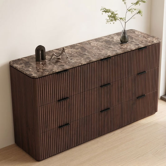 Hvoonc 63" Wide 9 Drawer Large Dresser, FSC-certified Wood, Walnut Bedroom Storage Cabinet with Faux Marble Top