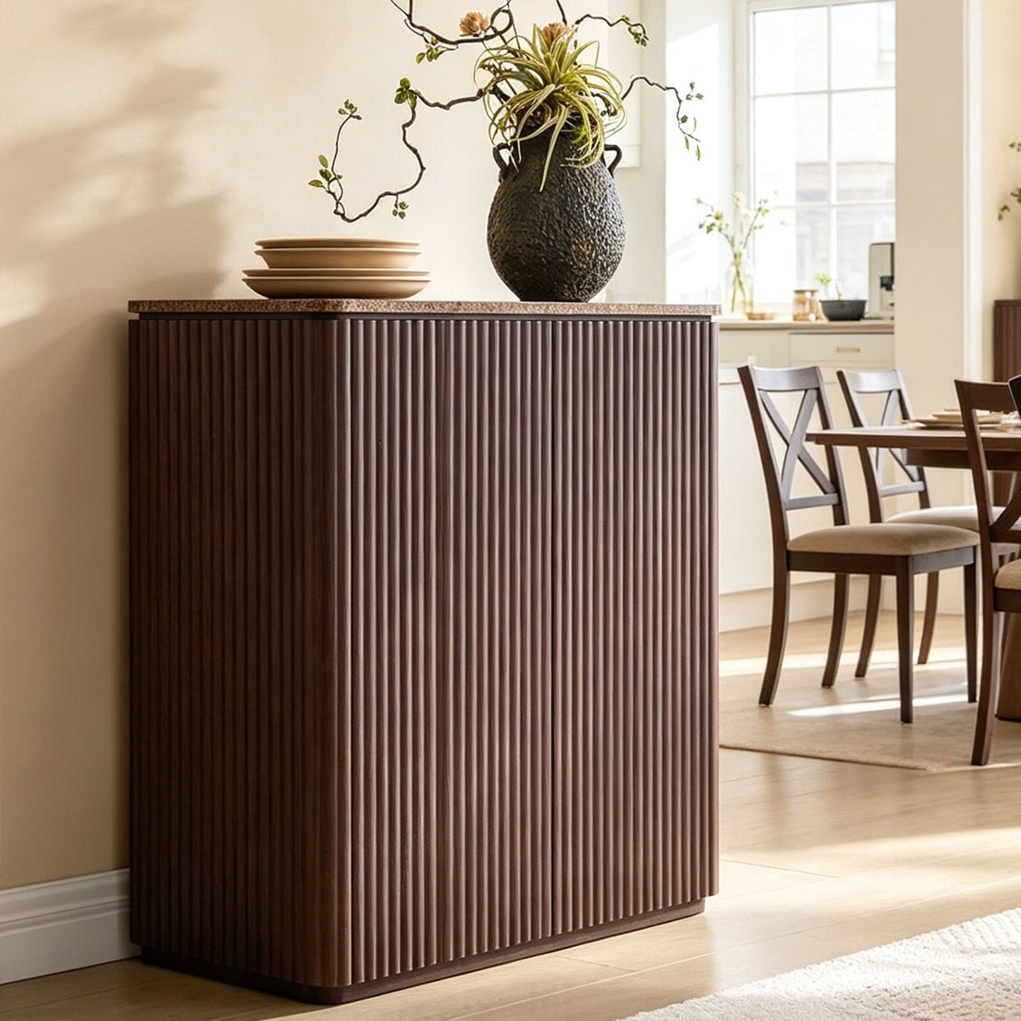 34"W Fluted Sideboard Buffet Cabinet, 2 Push-to-Open Doors, Walnut Brown