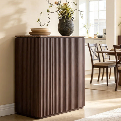 34"W Fluted Sideboard Buffet Cabinet, 2 Push-to-Open Doors, Walnut Brown