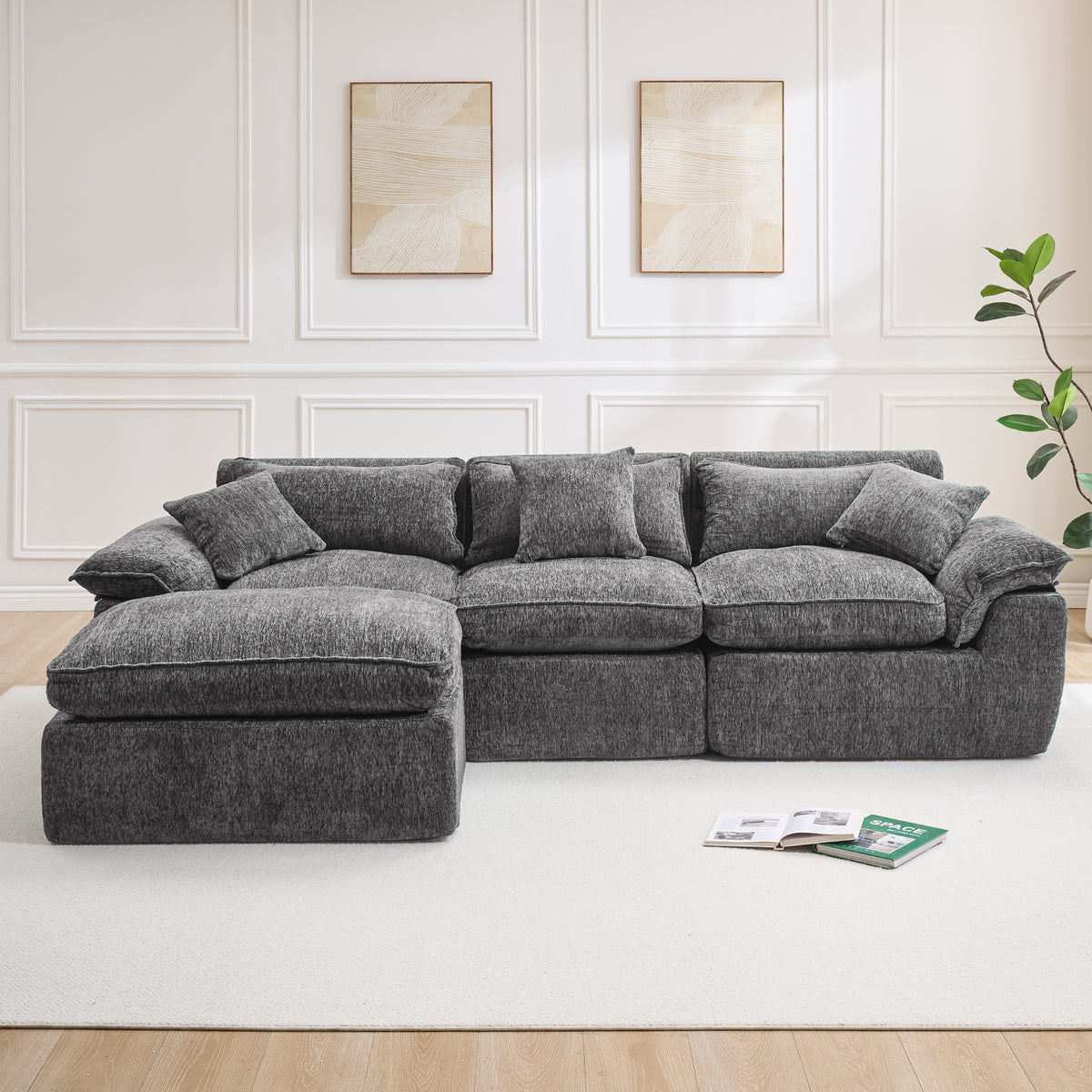 Hvoonc 110" Modular Sectional Sofa with Ottoman for Living Room, Boneless Cloud Chenille Couch in a Box with 23.6" Deep Seat, Dark Gray