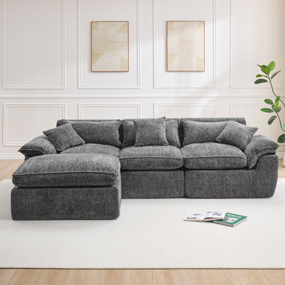 Hvoonc 110" Modular Sectional Sofa with Ottoman for Living Room, Boneless Cloud Chenille Couch in a Box with 23.6" Deep Seat, Dark Gray