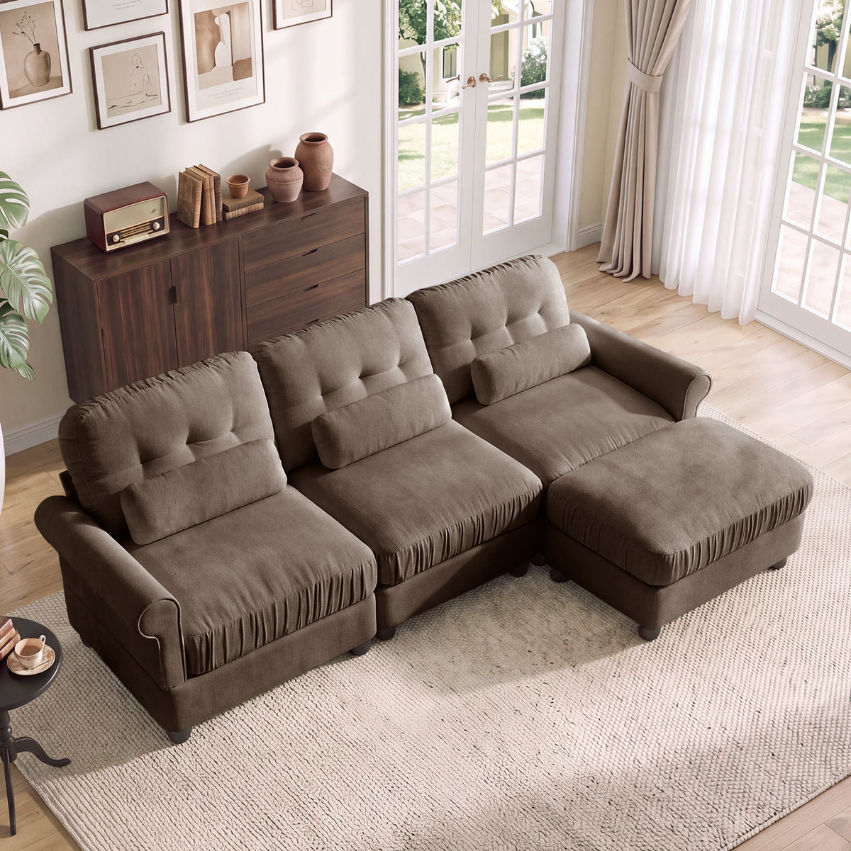 Hvoonc 98" Modular Sectional Sofa for Living Room, L Shaped Couch with Ottoman Chaise, Chenille Upholstery, Brown