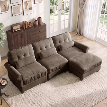 Hvoonc 98" Modular Sectional Sofa for Living Room, L Shaped Couch with Ottoman Chaise, Chenille Upholstery, Brown