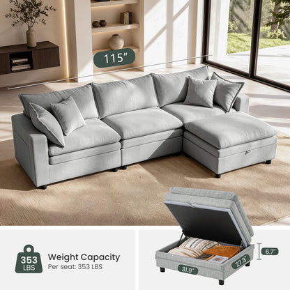 Hvoonc 115" Down-Filled Modular Sofa for Living Room, 3 Seater Couch with Storage Ottoman, Washable Covers, Tool-Free Assembly, Light Gray