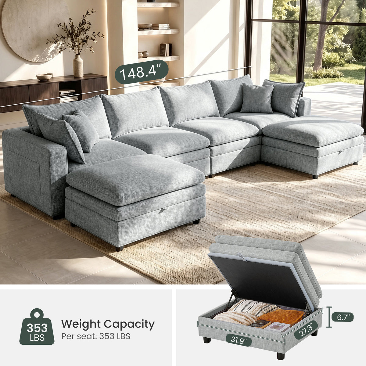 Hvoonc 148.4" Down-Filled Modular Sectional Sofa for Living Room, U Shaped Couch with 2 Storage Ottomans, Washable Covers, Tool-Free Assembly, Light Gray