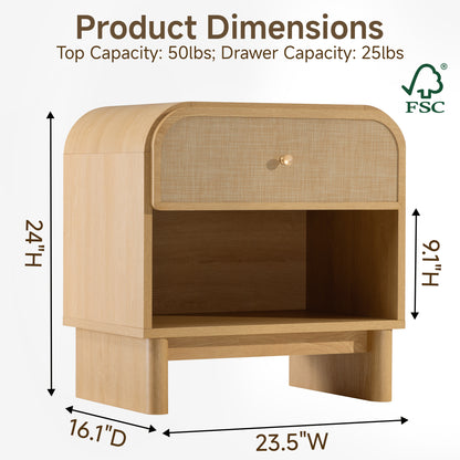 Hvoonc Rattan Nightstand with Open Shelf, Rounded Corner Bedside Tables with Drawer Storage, Modern End Tables for Bedroom, Natural Oak