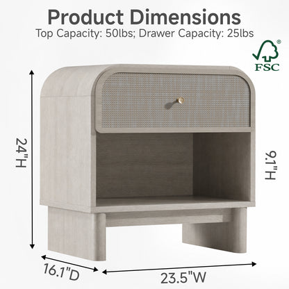 Hvoonc Nightstands Set of 2 with 1 Drawer and Open Shelf, Rounded Corner Rattan Bedside Tables with Storage, Modern End Tables for Bedroom, Gray Oak