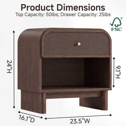 Hvoonc Nightstands Set of 2 with 1 Drawer and Open Shelf, Rounded Corner Rattan Bedside Tables with Storage, Modern End Tables for Bedroom, Dark Oak