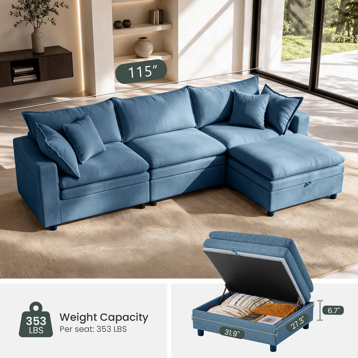 Hvoonc 115" Down-Filled Modular Sofa for Living Room, 3 Seater Couch with Storage Ottoman, Washable Covers, Tool-Free Assembly, Navy Blue