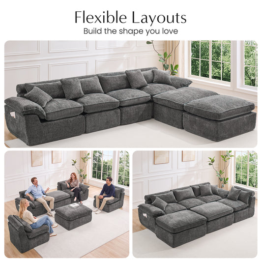 Hvoonc 137.5" Modular Sectional Couches for Living Room, Boneless Cloud Chenille Couch in a Box with 23.6" Deep Seats & Ottomans, Dark Gray