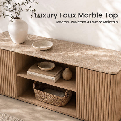 Hvoonc 70" Fluted TV Stands for Living Room with Storage, Faux Marble Top, Modern Wood Television Console for 65-80" TVs, Large Entertainment Center, Natural Oak