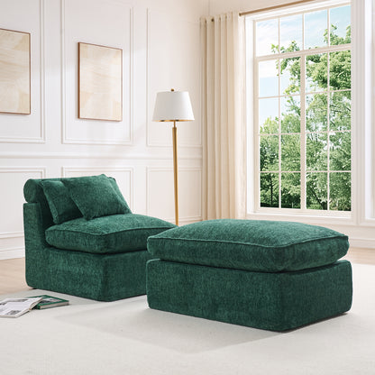 Hvoonc 27.3" Modular Lounge Accent Chair with Ottoman, Boneless Chenille Cloud Chair in a Box with 23.6" Deep Seat, Dark Green