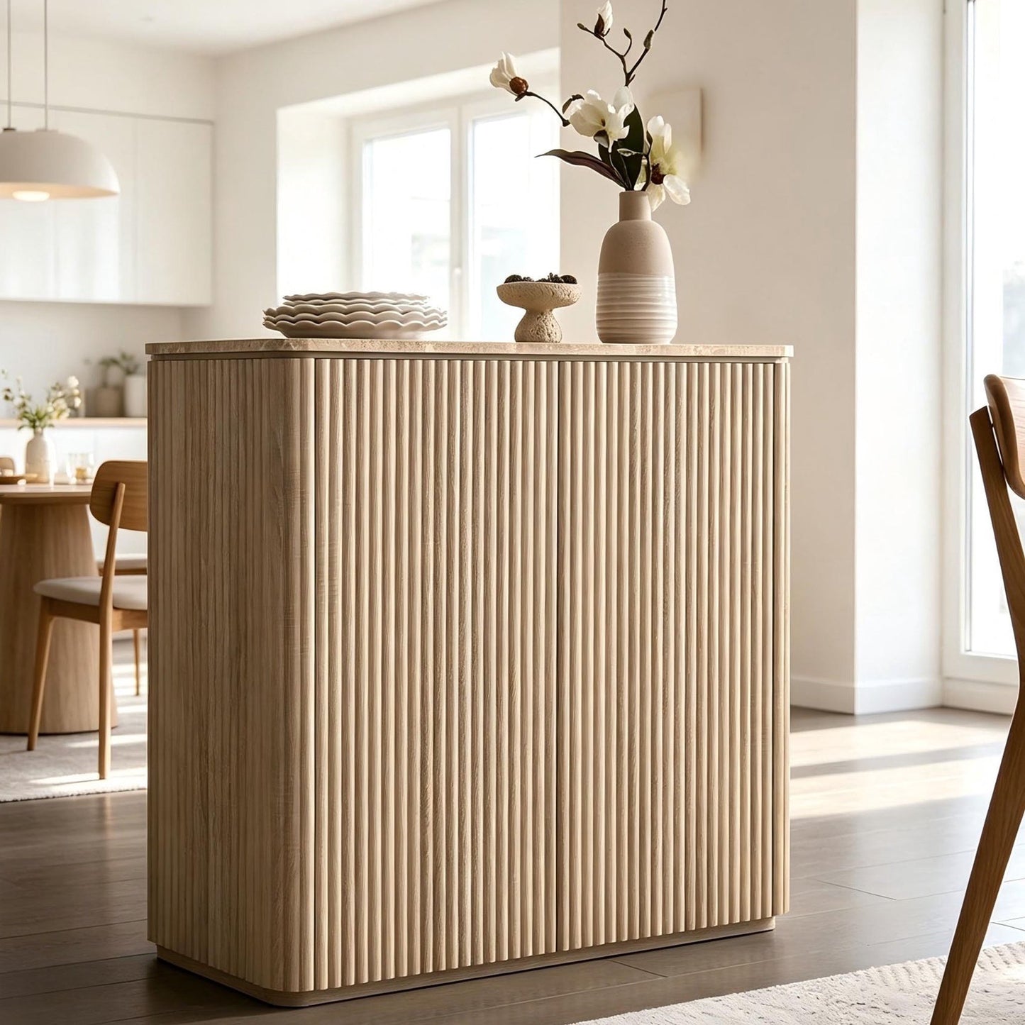 34"W Fluted Sideboard Buffet Cabinet, 2 Push-to-Open Doors, Natural Oak