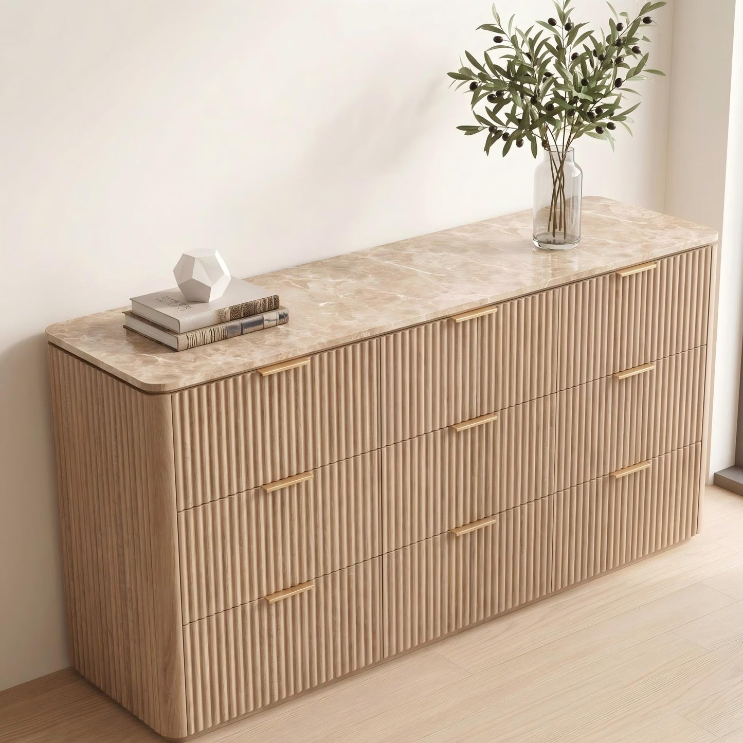 Hvoonc 63" Wide 9 Drawer Dresser with Faux Marble Top and 2" Thick Side Board, Large Oak Storage Cabinet for Bedroom Living Room