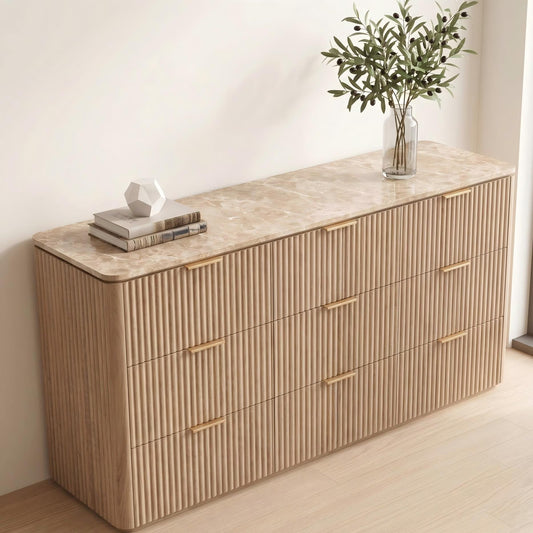 Hvoonc 63" Wide 9 Drawer Dresser with Faux Marble Top and 2" Thick Side Board, Large Oak Storage Cabinet for Bedroom Living Room