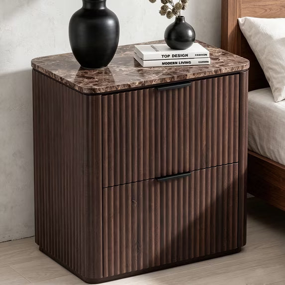Hvoonc 2 Drawer Nightstand, 24" Tall Fluted Bedroom Bedside Table with Storage, Faux Marble Top, 2" Thick Side Panels, Walnut Brown