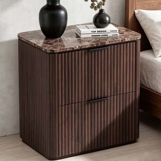 Hvoonc 2 Drawer Nightstand, 24" Tall Fluted Bedroom Bedside Table with Storage, Faux Marble Top, 2" Thick Side Panels, Walnut Brown