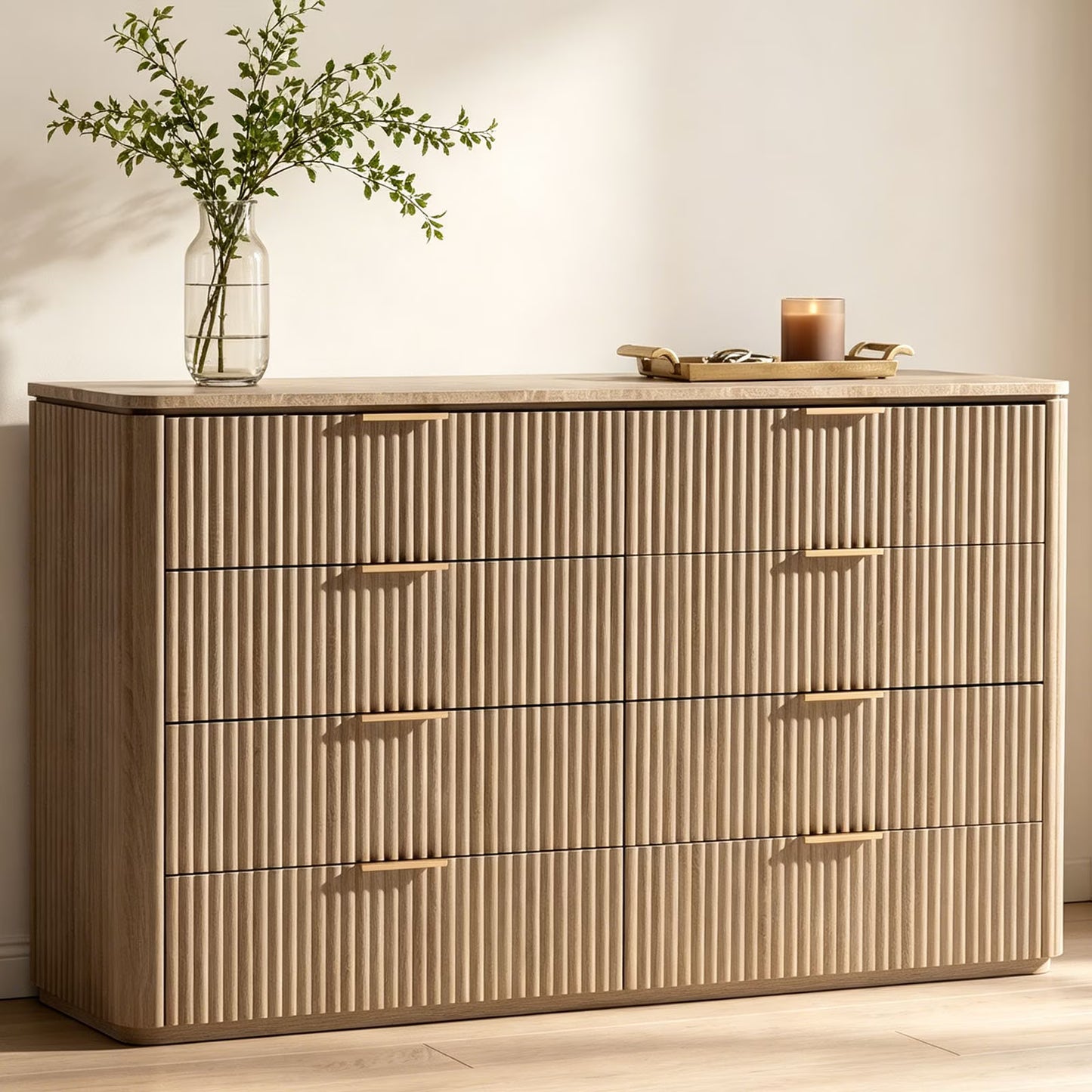 Hvoonc 8 Drawer Dresser for Bedroom with Faux Marble Top, 54.5" W Modern Oak Fluted Wood Bedroom Storage Cabinet