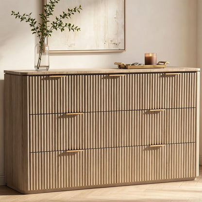 Hvoonc 7 Drawer Dresser for Bedroom, 54.5" W Curved-Corner Modern Chest of Drawers with Faux Marble Top, Natural Oak
