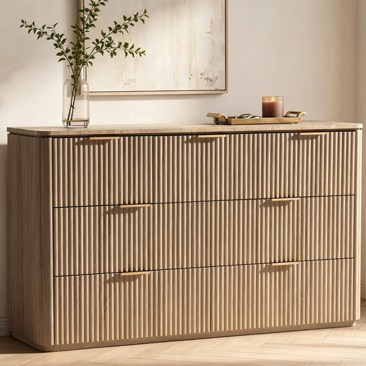 Hvoonc 7 Drawer Dresser for Bedroom, 54.5" W Curved-Corner Modern Chest of Drawers with Faux Marble Top, Natural Oak