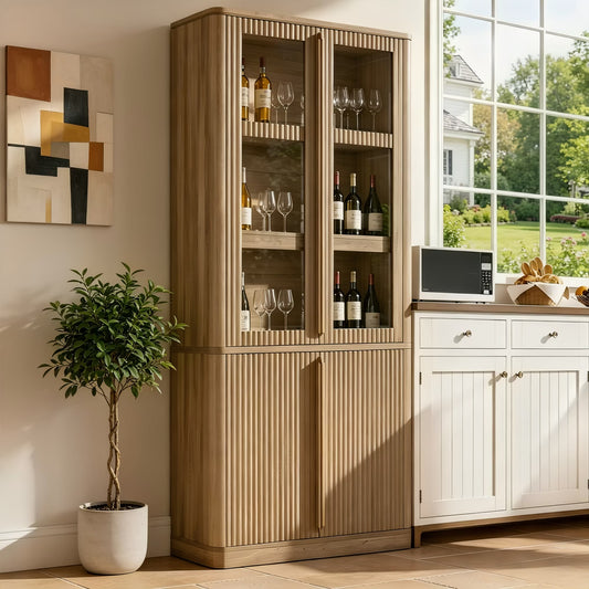 Hvoonc 77" Tall Fluted Accent Storage Cabinet with Glass Doors and Shelves, Kitchen Pantry Cabinet Organizer, Natural Oak